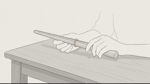An engagement ring resting on a jeweller's ring sizer stick
