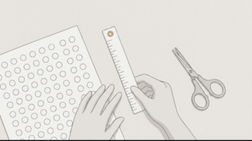 A printed ring sizer sheet with circles and a paper strip on a desk