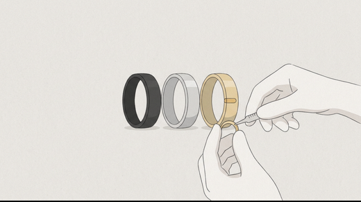 Three smart rings in black, silver and gold standing side by side